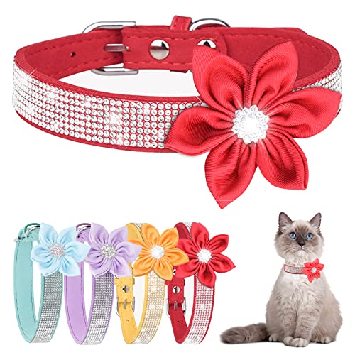 HOWWFALY Hundehalsbänder Katzenhalsbänder Strass Glänzende Halsbänder Einstellbare Größe mit Niedlichen Sonnenblumen für Kätzchen und Welpen (M, Rot) von HOWWFALY