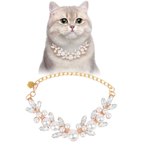 HOWWFALY Hundehalsbänder mit niedlicher Haustierpfote, goldfarbene Kette, Edelstahl-Halsbänder, Halskette, verstellbares Halsband, Hundekette, Katze, weiße Perle, Haustierhalsband (Weiß, S) von HOWWFALY