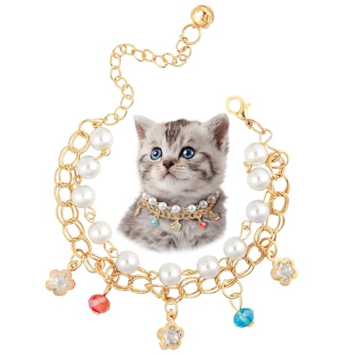 HOWWFALY Hundehalsband und Katzenkette, Edelstahl, verstellbar, 18 Karat Gold, Herzform, Strass-Halskette für kleine Haustiere, Katzen, Kätzchen, Welpen (XS, Perle) von HOWWFALY