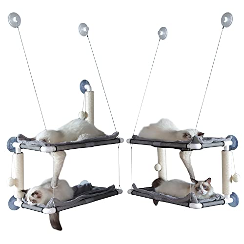 HOZOE Katzen-Fensterstange, eine große doppellagige Katzen-Hängematte, die mehrere Katzen gleichzeitig aufnehmen kann, mit Zwei Kratzbäumen, Katzenziege und Katzenbettgestell, die 22,7 kg tragen kann von HOZOE