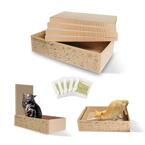 HPAWHOMEPART Kratzbrett aus Karton, größere Katzenkratzunterlage für Indoor-Katzen, Katzenkratzer mit Box, wendbares Kratzbrett, geeignet für Katzen zum Ausruhen und Spielen, 4 Stück von HPAWHOMEPART