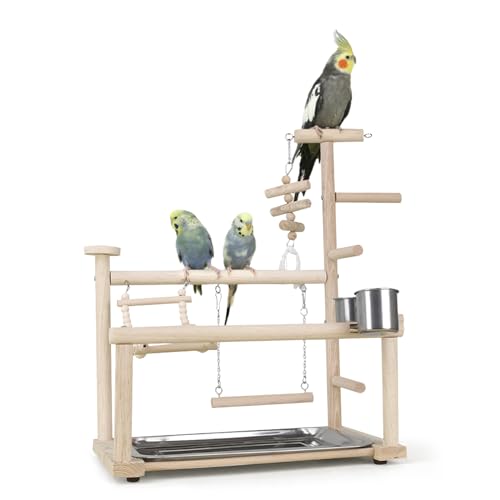 Papageienspielplatz Vogelspielplatz aus Holz Vogelspielzeug Übung Spielgerät mit Fütterung Tassen Leitern Schaukeln Paltform Sitzstangen Kauspielzeug für Unzertrennliche Sittich Nymphensittich von HPAWHOMEPART