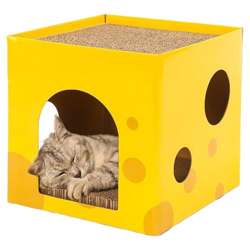 Katzen Kratzbrett Doppellagig Katzenhaus mit Höhle Katzenkratzbox Karton Katzenbett Reversible Katzenkratzbrett Widerstandsfähig Katzenhöhle Kratzpappe für Krallenpflege Schlafen 31x31x30cm(LxBxH) von HPONEZJ