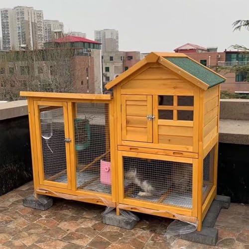 Hasenstall Aus Holz, Kaninchenkäfig Für Draußen Mit Exklusiven Tabletts Und Drahtgitter Am Boden, 2-Stöckiger Hühnerstall Für Kleine Bis Mittelgroße Tiere,Golden Yellow von HPTHLY