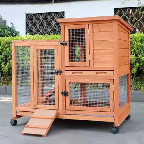 Kaninchenkäfig, 2-Stöckiger Hasenstall Aus Holz Für Den Außenbereich Mit 4 Rädern Und Auslaufsicheren Tabletts, Hühnerhaus Für Kleine Bis Mittelgroße Tiere, von HPTHLY