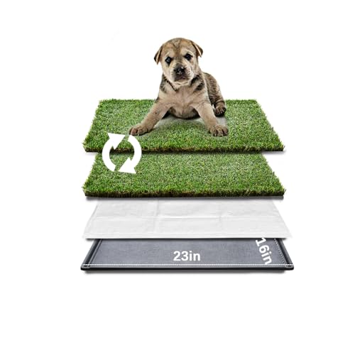 HQ4us Hundegrasunterlage mit Tablett, klein, 58,4 x 40,6 cm, Hundetoilette für Welpen (ohne Gitter) mit 2 × Kunstrasen für Hunde mit gesäumtem Rand, Urinierpads für Hunde, realistisch, weniger Geruch, von HQ4US 4LEGS