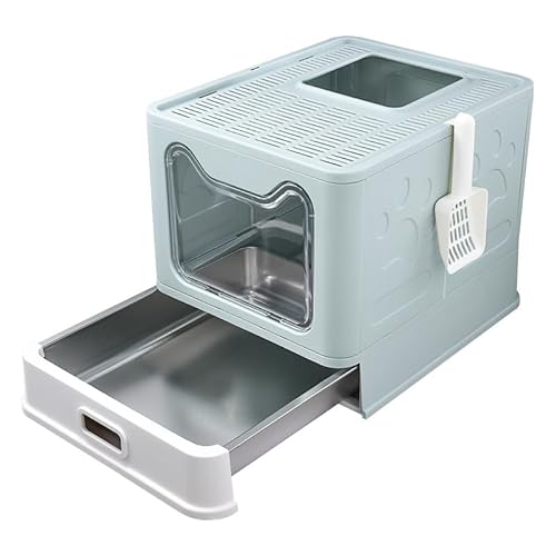 Katzentoilette mit Deckel, katzenklo einstieg Oben,mit Ausziehbares Edelstahl Tablett und Katzenklo Schaufel, hop in Katzenklo XXL Katzentoilette geschlossen geräumig katzenklo groß (blau) von HQQXZQ