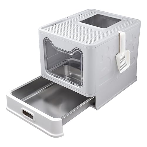 Katzentoilette mit Deckel, katzenklo einstieg Oben,mit Ausziehbares Edelstahl Tablett und Katzenklo Schaufel, hop in Katzenklo XXL Katzentoilette geschlossen geräumig katzenklo groß (grau) von HQQXZQ