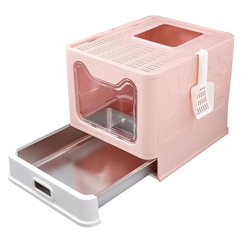 Katzentoilette mit Deckel, katzenklo einstieg Oben,mit Ausziehbares Edelstahl Tablett und Katzenklo Schaufel, hop in Katzenklo XXL Katzentoilette geschlossen geräumig katzenklo groß (rosa) von HQQXZQ
