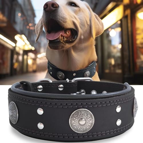 Hundehalsband Leder, 5 cm Breites Robustes Echtes Lederhalsband, Handgefertigt, Weich und Luxuriös, Auffällige Beste Wahl für Große und Mittelgroße Hunderassen,schwarz 49.5-60 cm von HQSHNY