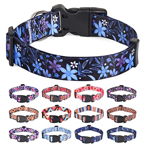 HQYDDMI Hundehalsband, Nylon Hunde Halsband, verstellbar für Katze, Welpen, kleine, mittelgroße und große Hunde, mit Blumen Muster(Blau Blumen,M) von HQYDDMI