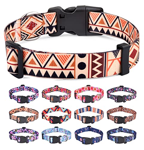 HQYDDMI Hundehalsband, Weich & Komfort Nylon Hunde Halsband, verstellbar für Katze, Welpen, kleine, mittelgroße und große Hunde, mit Blumen Muster(Beige Geometrie,L) von HQYDDMI