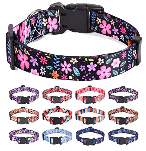 HQYDDMI Hundehalsband, Weich & Komfort Nylon Hunde Halsband, verstellbar für Katze, Welpen, kleine, mittelgroße und große Hunde, mit Blumen Muster(Blumen,L) von HQYDDMI