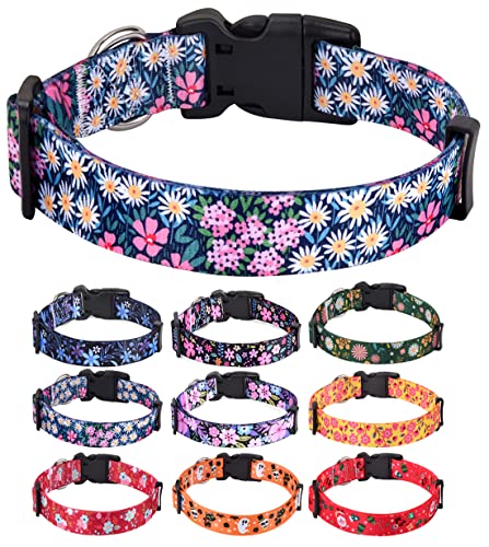 HQYDDMI Hundehalsband, Weich & Komfort Nylon Hunde Halsband, verstellbar für Katze, Welpen, kleine, mittelgroße und große Hunde, mit Blumen Muster(Bunt Blumen,L) von HQYDDMI