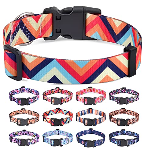 HQYDDMI Hundehalsband, Weich & Komfort Nylon Hunde Halsband, verstellbar für Katze, Welpen, kleine, mittelgroße und große Hunde, mit Blumen Muster(Bunte Wellen,L) von HQYDDMI