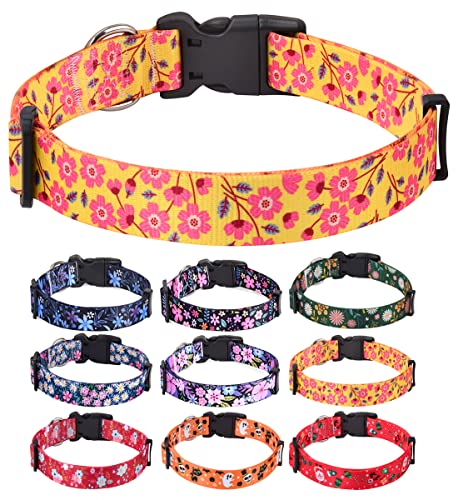 HQYDDMI Hundehalsband, Weich & Komfort Nylon Hunde Halsband, verstellbar für Katze, Welpen, kleine, mittelgroße und große Hunde, mit Blumen Muster(Gelb Blumen,L) von HQYDDMI