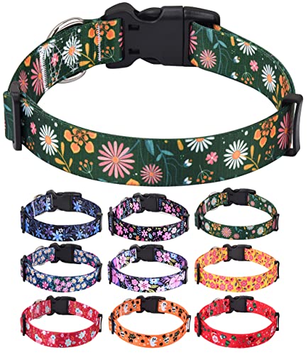 HQYDDMI Hundehalsband, Weich & Komfort Nylon Hunde Halsband, verstellbar für Katze, Welpen, kleine, mittelgroße und große Hunde, mit Blumen Muster(Grüne Blumen,L) von HQYDDMI