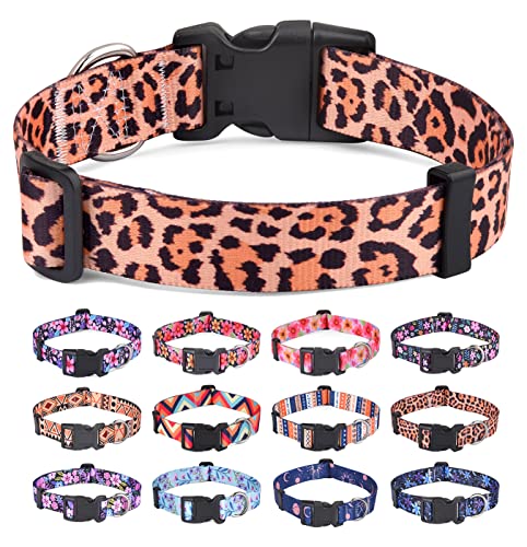 HQYDDMI Hundehalsband, Weich & Komfort Nylon Hunde Halsband, verstellbar für Katze, Welpen, kleine, mittelgroße und große Hunde, mit Blumen Muster(Leopard Muster,L) von HQYDDMI