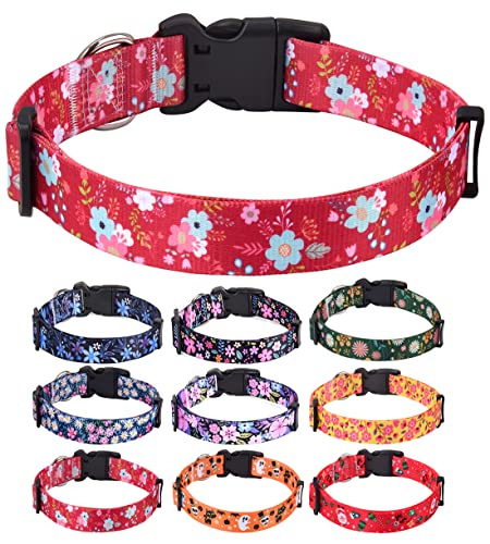 HQYDDMI Hundehalsband, Weich & Komfort Nylon Hunde Halsband, verstellbar für Katze, Welpen, kleine, mittelgroße und große Hunde, mit Blumen Muster(Rot Blumen,L) von HQYDDMI