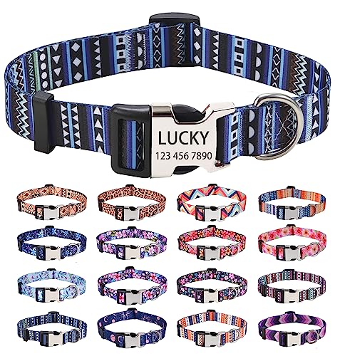 HQYDDMI Hundehalsband für kleine, mittelgroße Hunde, personalisierbar, mit Namen und Telefonnummer, florales Hundehalsband für männliche, weibliche Jungen, Mädchen, Hunde (Bohemia Blue, S) von HQYDDMI