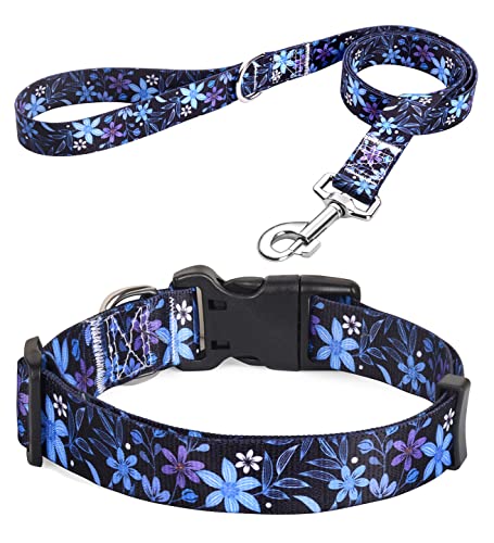HQYDDMI Hundehalsband und Leine, Set für kleine Hunde und Katzen, mit weichem, bequemem, verstellbarem Blumenmuster, Blau, Set (XS) von HQYDDMI