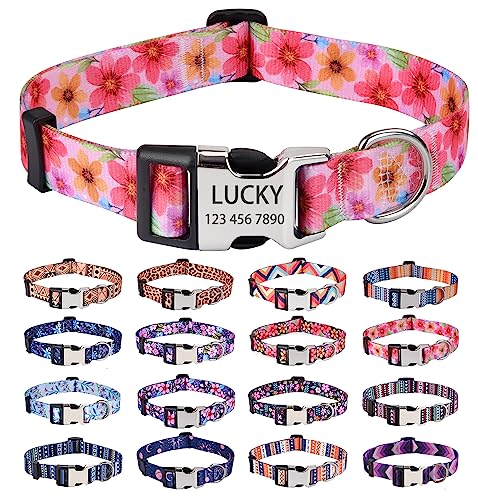 HQYDDMI Personalisierte Hundehalsbänder – Individuelles florales Geometrie-Hundehalsband mit Namen und Telefonnummer – verstellbar für kleine, mittelgroße und große männliche weibliche Jungen, Mädchen Hunde (Blumenmuster C, M) von HQYDDMI