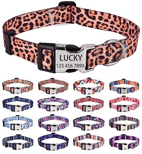 HQYDDMI Hundehalsband, personalisierbar, Blumengeometrie, mit Namen und Telefonnummer, verstellbar für kleine, mittelgroße und große männliche Hündinnen, Jungen, Mädchen, Hunde (Leopard, S) von HQYDDMI