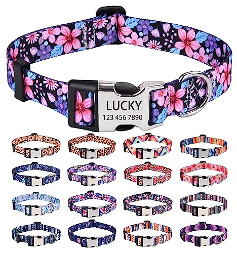 HQYDDMI Personalisierte Hundehalsbänder – Individuelles florales Geometrie-Hundehalsband mit Namen und Telefonnummer – verstellbar für kleine, mittelgroße und große männliche weibliche Jungen Mädchen Hunde (Blumenmuster A, L) von HQYDDMI