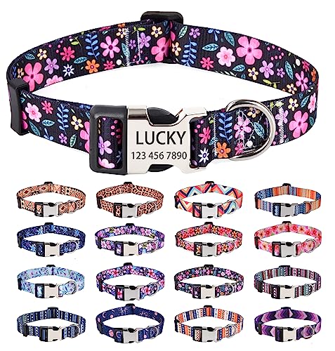 Personalisiertes Hundehalsband, Blumenmuster, personalisierbar mit Name und Telefonnummer, verstellbare Größen für kleine, mittelgroße und große Hunde, 9 Farben für männliche, weibliche Jungen, von HQYDDMI
