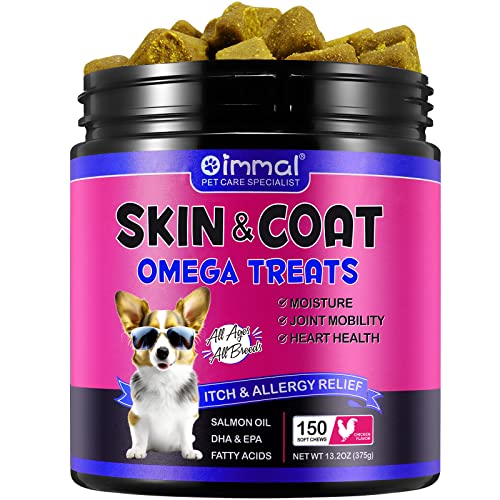 Skin & Coat Omega 3 für Hunde für gesunde Haut & glänzendes Fell Linderung von Allergien und Juckreiz,mit Biotin, DHAgold, Zink, Vitamin C, Lachsöl für Hunde (150 Stück, Hühnergeschmack) von HRAMEX