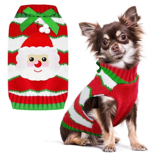 HRTTSY Hunde-Weihnachtspullover mit Geschirrloch, Weihnachtsmann, gestreifter Hundepullover, Weste, warmer Herbst, Winter, Welpen, Hundekleidung, Outfits für kleine mittelgroße Hunde, Katzen, von HRTTSY