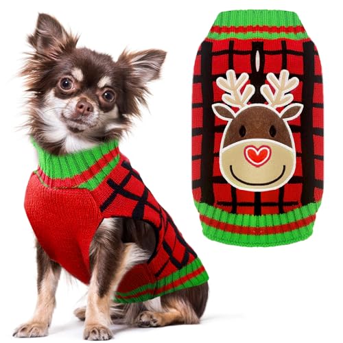 HRTTSY Hunde-Weihnachtspullover mit Geschirrloch, rot kariert, Elch, Hunde-Outfits, Pullover für kleine, mittelgroße und große Hunde, Katzen, warmer Herbst, Winter, Welpen, Hundekleidung, Weste, von HRTTSY