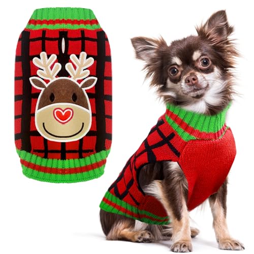 HRTTSY Hunde-Weihnachtspullover mit Geschirrloch, rot kariert, Elch, Hunde-Outfits, Pullover für kleine, mittelgroße und große Hunde, Katzen, warmer Herbst, Winter, Welpen, Hundekleidung, Weste, von HRTTSY