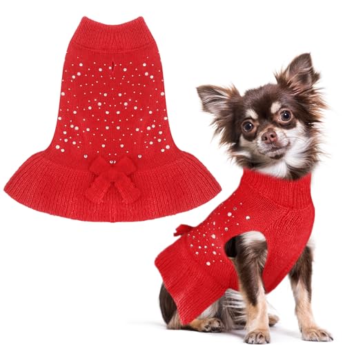HRTTSY Pullover für kleine Hunde mit Loch für Geschirr, rote Strasssteine, niedliches Outfit für kleine, mittelgroße Hunde und Katzen, warmer Herbst und Winter, Haustier-Strickwaren, Pullover, Mäntel, von HRTTSY