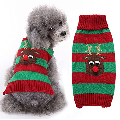 HRTTSY Weihnachtspullover für Hunde, niedliches Rentier, Weihnachtspullover für Haustiere, kaltes Wetter, warme Strickwaren, Pullover für kleine, Katzen (klein, rot und grün) von HRTTSY