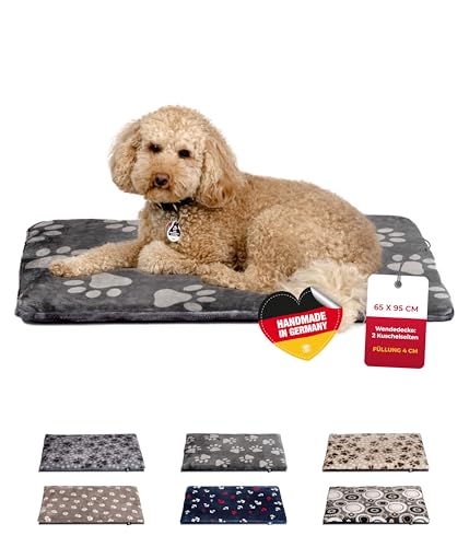 HS-Hundebett® Hundedecke M (65x95 cm) – rutschfest und gemütlich Dank 3 cm Füllung – Perfekt fürs Sofa, Auto & Hundebox – Pfote Anthrazit, Made in DE von HS-Hundebett