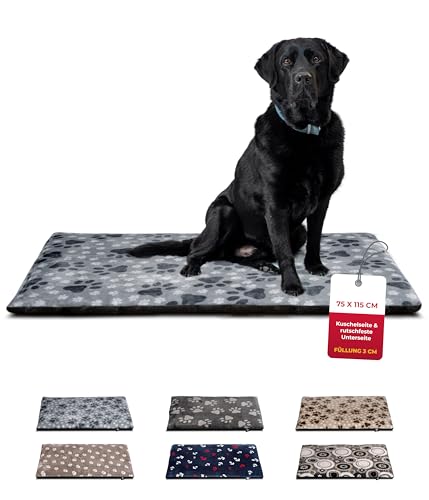 HS-Hundebett Pfote Grau 75 x 115cm rutschfeste Hundedecke in 6 Größen I Qualität Made in Germany I waschbar bei 40° I weiche Kuscheldecke mit 4 cm Polster-Füllung von HS-Hundebett