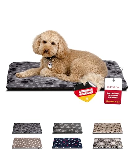 Made in Germany rutschfeste Hundedecke, Pfote Grau, 65 x 95 cm, für kleine & große Hunde I Flauschige Hundedecke, waschbar, trocknergeeignet mit 4 cm Polster-Füllung von HS-Hundebett