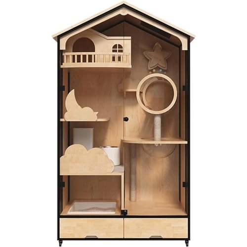 Massivholz-Katzenvilla, dreistöckiges Katzenhaus mit Katzenkratzbaum und Toilette, Katzenzimmer mit tragenden Universalrädern von HSHTTKL