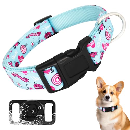 HSIGIO Airtag Hundehalsband, weich, verstellbar, Premium-Nylon, langlebiges GPS-Hundehalsband mit stilvollem Muster und wasserdichter AirTag-Halterung für kleine, mittelgroße und große Hunde (L, Blau) von HSIGIO