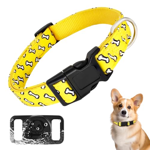 HSIGIO Airtag Hundehalsband, weich, verstellbar, Premium-Nylon, langlebiges GPS-Hundehalsband mit stilvollem Muster und wasserdichter AirTag-Halterung für kleine, mittelgroße und große Hunde (L, Gelb) von HSIGIO