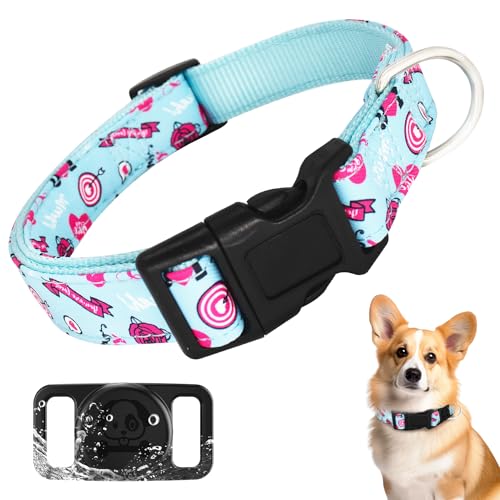 HSIGIO Airtag Hundehalsband, weich, verstellbar, Premium-Nylon, langlebiges GPS-Hundehalsband mit stilvollem Muster und wasserdichter AirTag-Halterung für kleine, mittelgroße und große Hunde (M, Blau) von HSIGIO