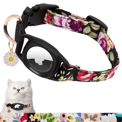 HSIGIO Airtag Katzenhalsband, GPS-Katzenhalsband mit Apple Air-Tag-Halter und Blumenanhänger, florales Katzen-Tracker-Halsband in 1,5 cm Breite, für Mädchen, Jungen, Katzen, Kätzchen und Welpen von HSIGIO
