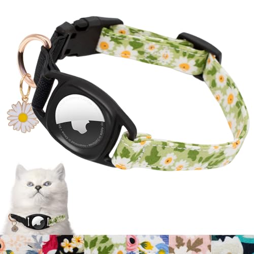 HSIGIO Airtag Katzenhalsband, GPS-Katzenhalsband mit Apple Air-Tag-Halter und Blumenanhänger, florales Katzen-Tracker-Halsband in 1,5 cm Breite für Mädchen, Jungen, Katzen, Kätzchen und Welpen (grünes von HSIGIO