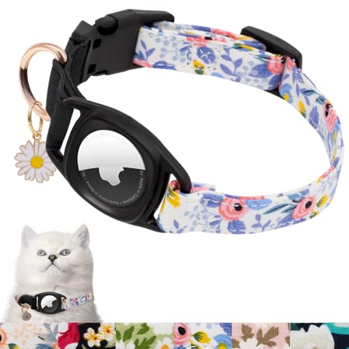 HSIGIO Airtag Katzenhalsband, GPS-Katzenhalsband mit Apple Air-Tag-Halter und Blumenanhänger, florales Katzen-Tracker-Halsband in 1,5 cm Breite für Mädchen, Jungen, Katzen, Kätzchen und Welpen (blaue von HSIGIO