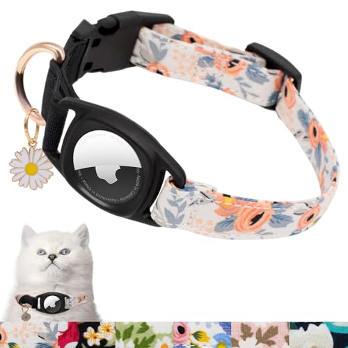 HSIGIO Airtag Katzenhalsband, GPS-Katzenhalsband mit Apple Air-Tag-Halter und Blumenanhänger, florales Katzen-Tracker-Halsband in 1,5 cm Breite für Mädchen, Jungen, Katzen, Kätzchen und Welpen von HSIGIO