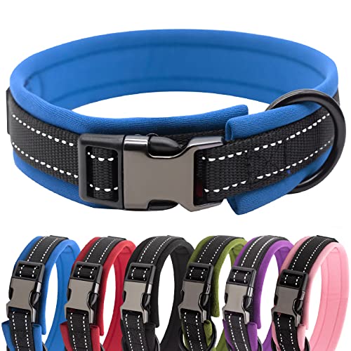 HSIGIO Hundehalsband, Nylon, gepolstert, weich, verstellbar, reflektierend, breit, für kleine, mittelgroße und große Hunde, Schwarz/Blau, Größe L von HSIGIO