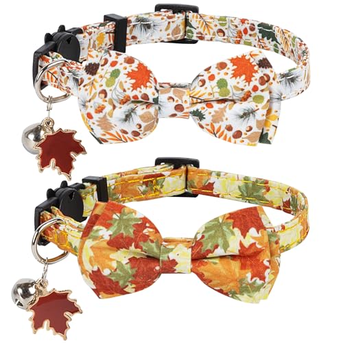 HSIGIO Herbst-Katzenhalsband mit Glöckchen, Breakaway-Katzen-Halsbänder, Ahornblätter-Muster, 2 Stück, Sicherheits-Herbst-Kätzchen-Halsbänder für Mädchen, Damen, Jungen, männliche Katzen von HSIGIO