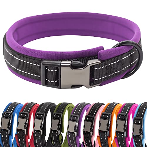 HSIGIO Hundehalsband, Nylon, gepolstert, weich, verstellbar, reflektierend, breit, für kleine, mittelgroße und große Hunde, Schwarz/Lila, Größe S von HSIGIO