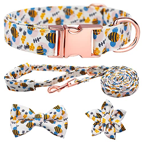 HSIGIO Hundehalsband und Leine, Set, Mädchen, verstellbare Welpenhalsbänder mit Blumen-Fliege für kleine, mittelgroße und große Hündinnen, Biene, L von HSIGIO